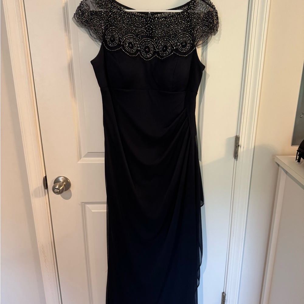Navy Evening Dress with Beaded Neckline
